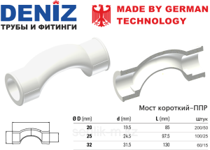 Мост полипропиленовый с муфтами (длинный) DENIZ 20/25/32